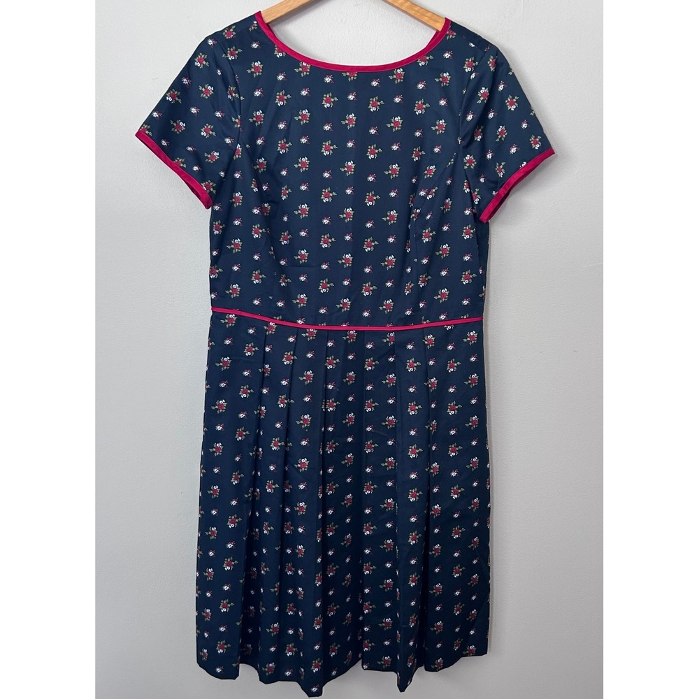 Brooks Brothers Red Fleece Dress Womens 14 Navy Floral Pleated Fit Flare Midi